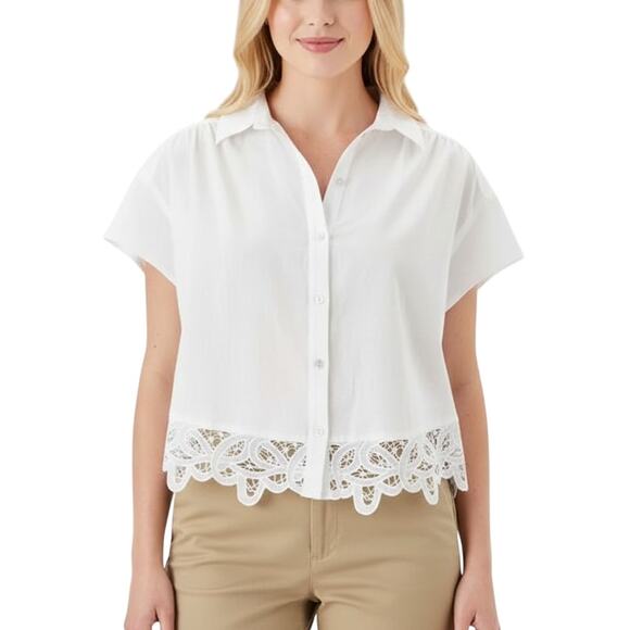 American Eagle White Lace Cutout Button Up Shirt Cotton Linen Women Medium NWT - Picture 1 of 9